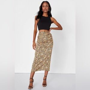 Lulus Black Floral Print Satin Midi Skirt